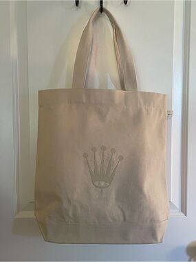 Rolex Cream Canvas Tote with Embroidered Crown Emblem